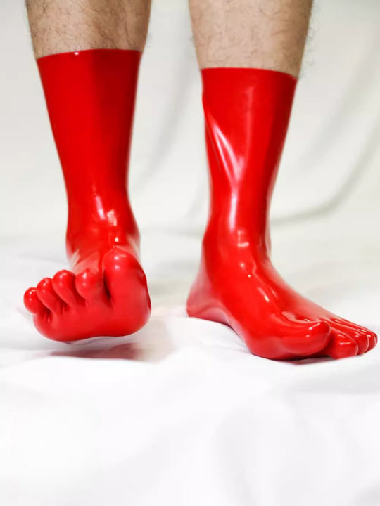 Short latex bright red five toe socks