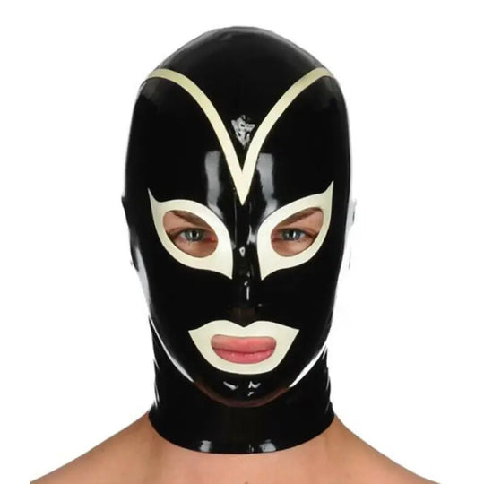 Latex hood in black and white with rear zipper