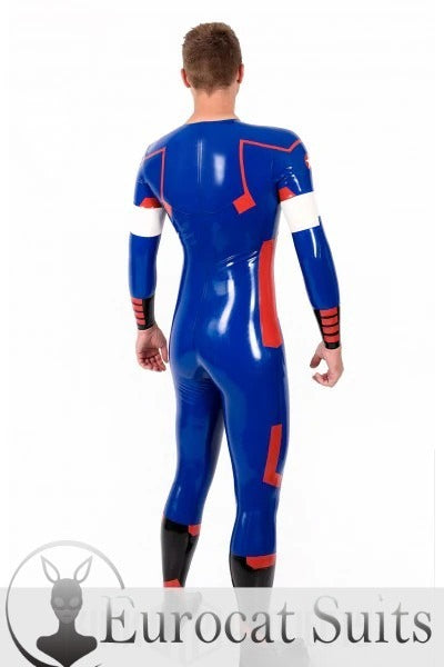 Männlicher „American Hero“ Latex-Cosplay-Catsuit mit Halseinstieg und Füßen