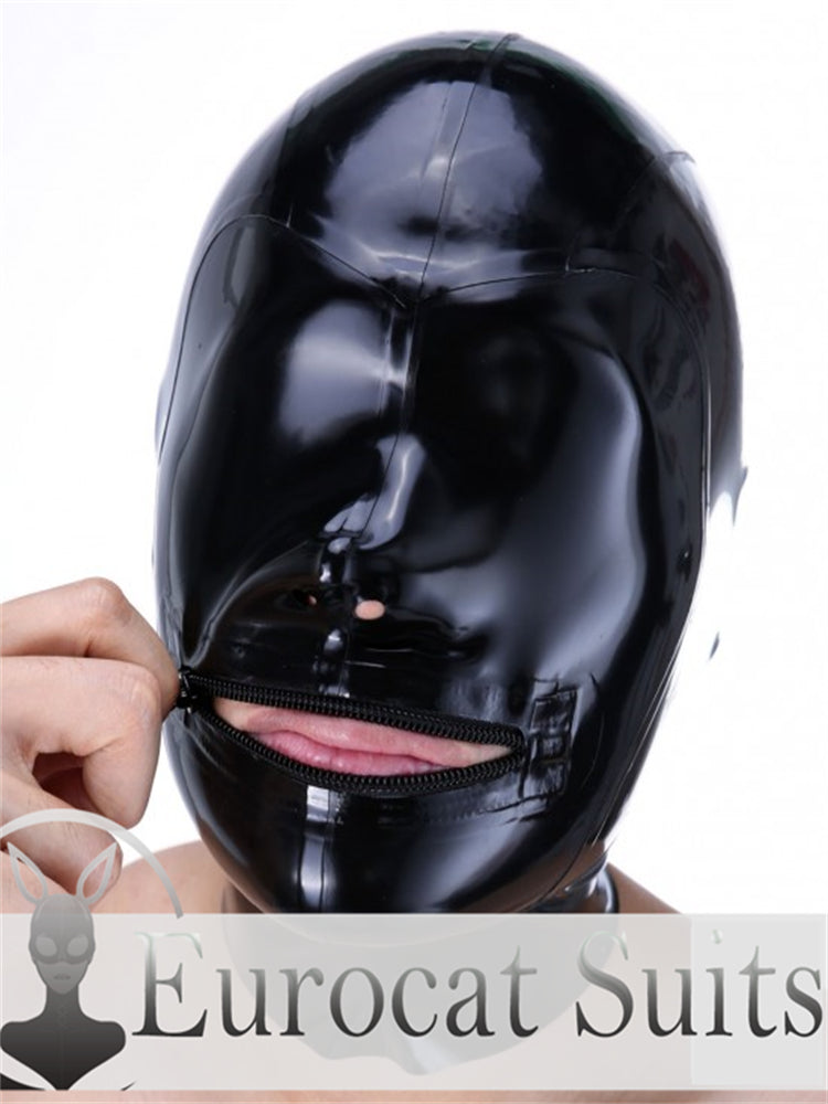 eurocat Male Latex Hood Rubber Fetish Wear Cosplay catsuits MASK MOUTH ZIP