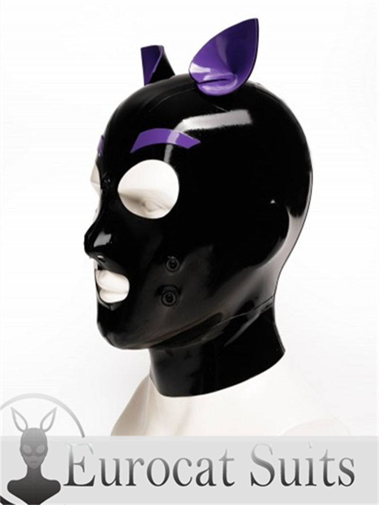 eurocat Male Latex Hood Rubber Fetish Wear Cosplay catsuits PUPPY MASK trim is Purple