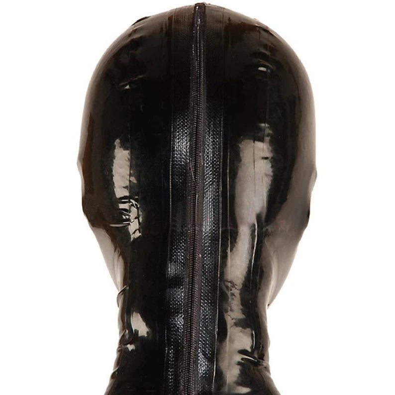 Latex hood with eye and nose holes only and rear zipper