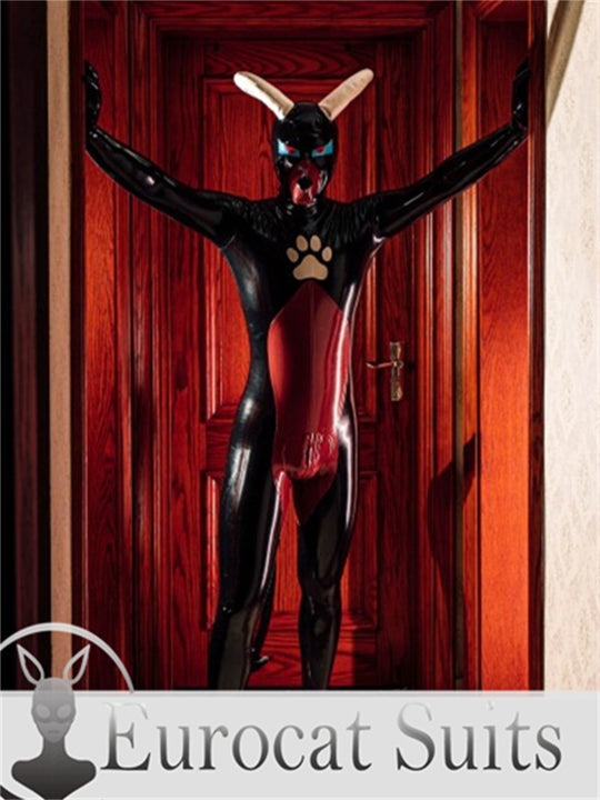 eurocat Male Latex Hood Rubber Fetish Wear Cosplay Inflatable Tail Catsuit