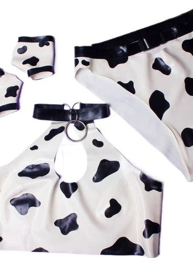 Cow Print Latex Gauntlets Applique Embellished Gloves