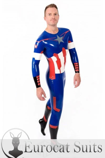 Männlicher „American Hero“ Latex-Cosplay-Catsuit mit Halseinstieg und Füßen