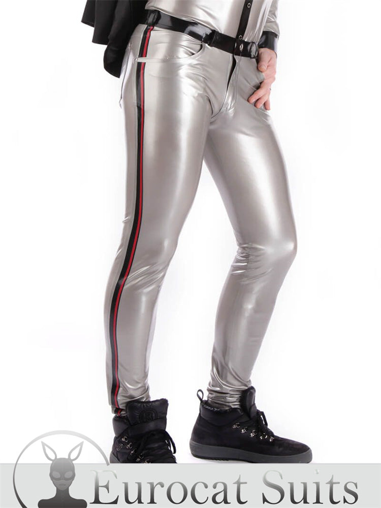 Catsuit Latex men pants rubber trousers with Side Stripes