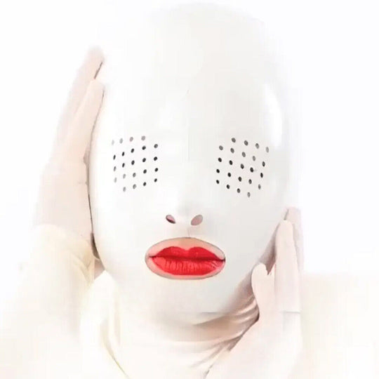 White Latex Hood Eyes Perforated Rubber Mask Catsuit Clubwear Fetish BDSM Party