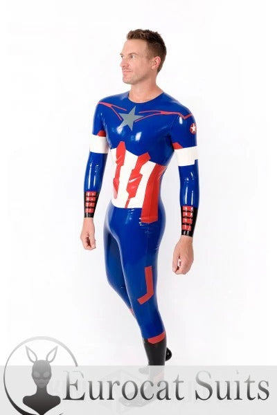 Männlicher „American Hero“ Latex-Cosplay-Catsuit mit Halseinstieg und Füßen