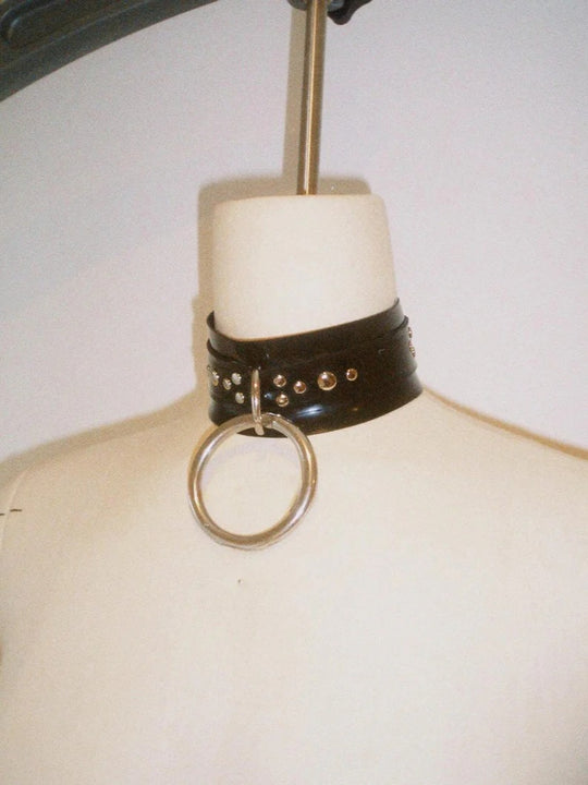 Heavyweight latex O-Ring choker with studded rivet/D-Ring Detail 'Bound Collar'