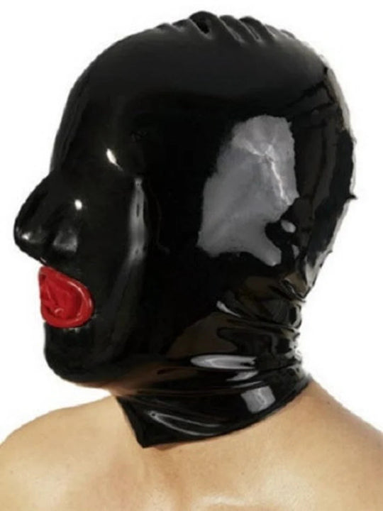 Latex panelled hood with mouth condom and rear zipper