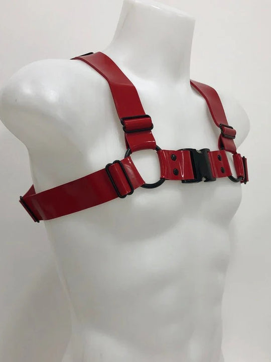 Red Heavy latex harness with front side release buckle.