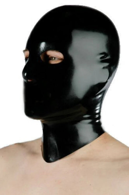 Latex hood with eye and nose holes only and rear zipper