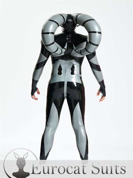 Latex Sexy Male Inflatable Suit adjustable strap main color Black MetallicSilver