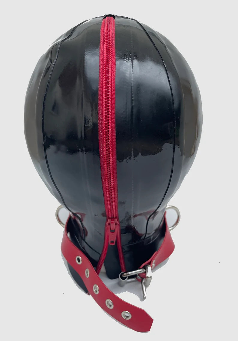 Latex Hood Contrast pin hole eyes & zip mouth.