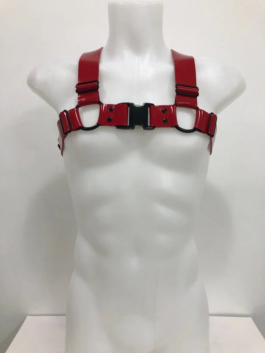 Red Heavy latex harness with front side release buckle.
