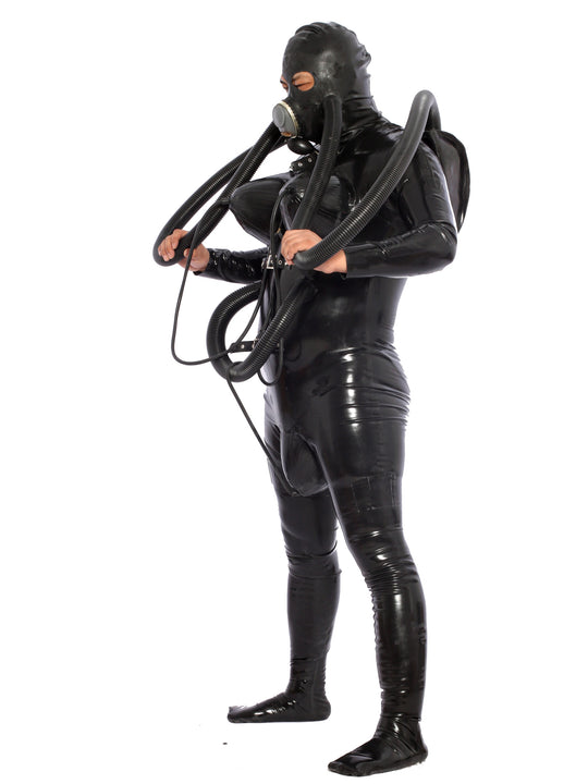 Latex Inflatable Chest crotch Catsuit gas mask