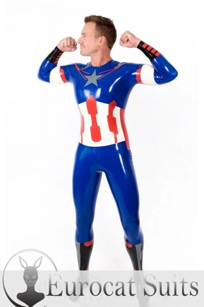 Männlicher „American Hero“ Latex-Cosplay-Catsuit mit Halseinstieg und Füßen