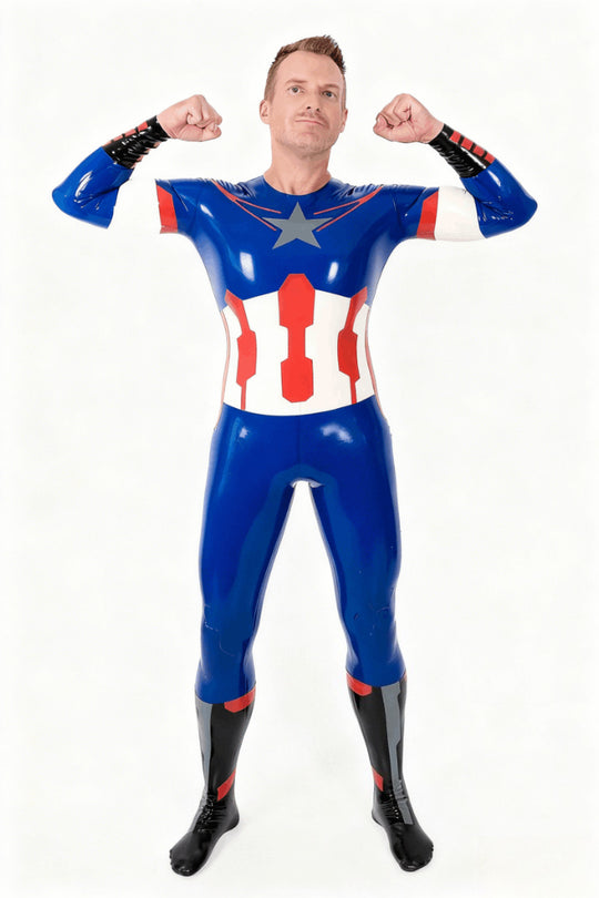 Männlicher „American Hero“ Latex-Cosplay-Catsuit mit Halseinstieg und Füßen