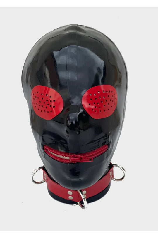 Latex Hood Contrast pin hole eyes & zip mouth.