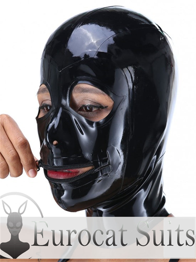 eurocat  Latex Hood Rubber Fetish Wear Cosplay catsuits MASK EYES OPEN & MOUTH ZIP MAJ