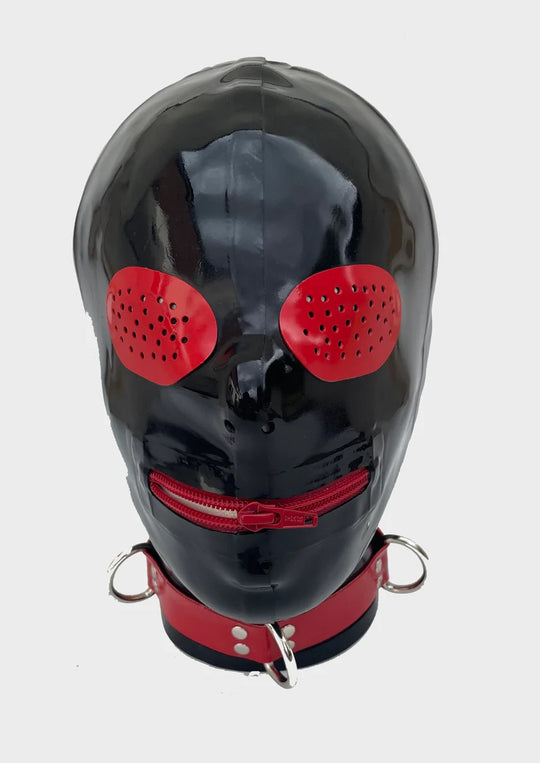 Latex Hood Contrast pin hole eyes & zip mouth.