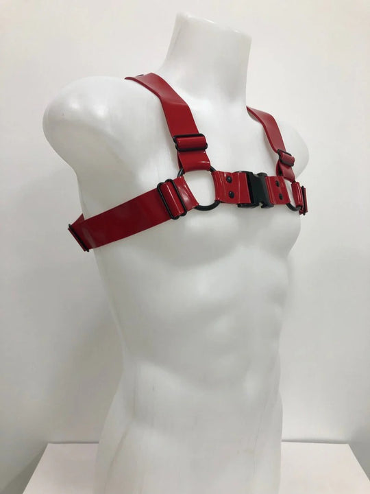 Red Heavy latex harness with front side release buckle.