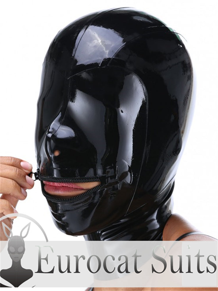 eurocat  Latex Hood Rubber Fetish Wear Cosplay catsuits MASK MOUTH ZIP