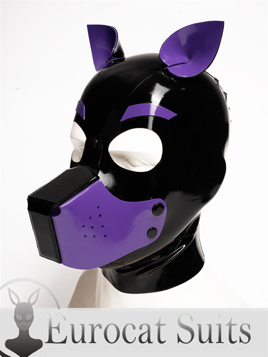 eurocat Male Latex Hood Rubber Fetish Wear Cosplay catsuits PUPPY MASK trim is Purple