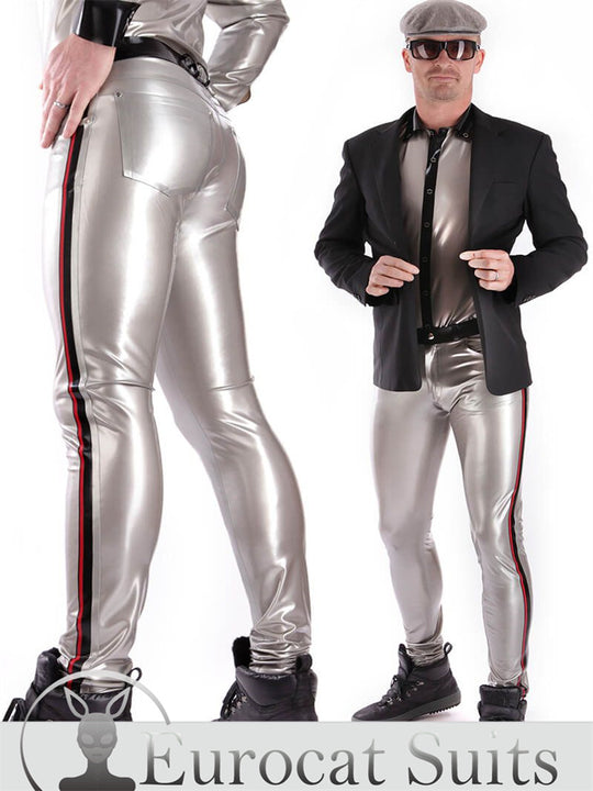 Catsuit Latex men pants rubber trousers with Side Stripes