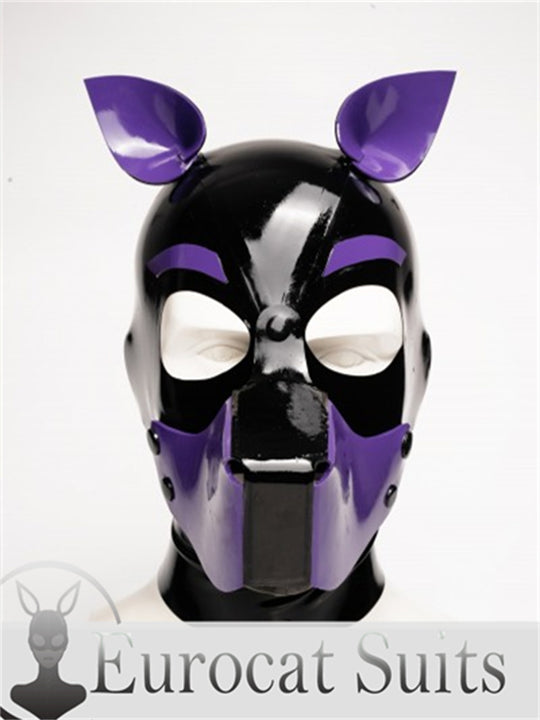 eurocat Male Latex Hood Rubber Fetish Wear Cosplay catsuits PUPPY MASK trim is Purple