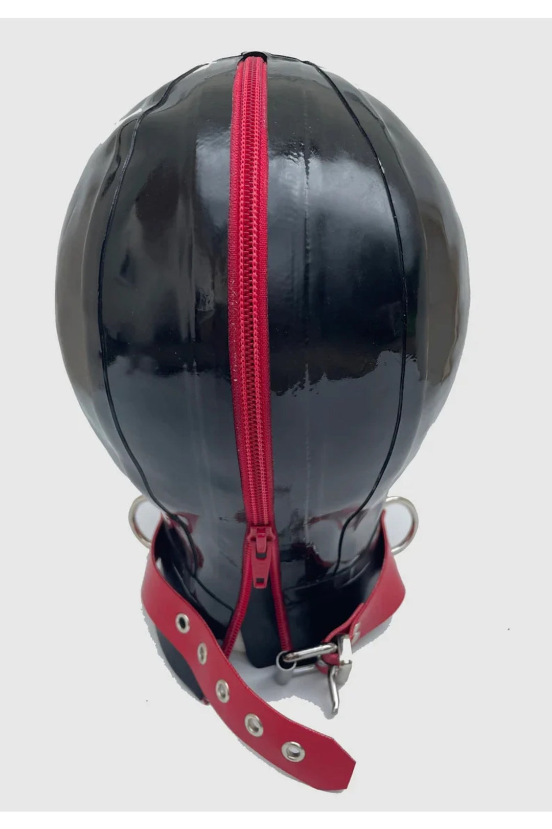 Latex Hood Contrast pin hole eyes & zip mouth.