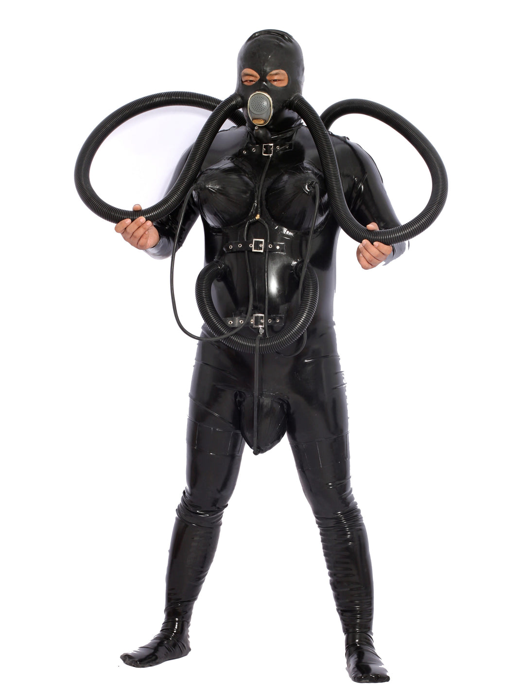 Latex Inflatable Chest crotch Catsuit gas mask