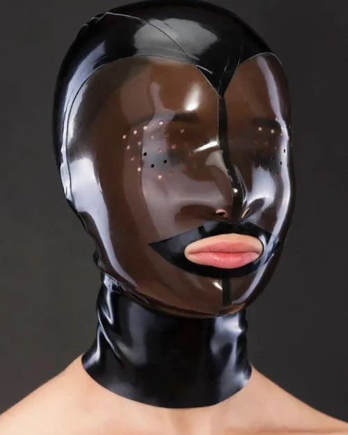 Latex mask with back zipper and contrasting eyes and mouth