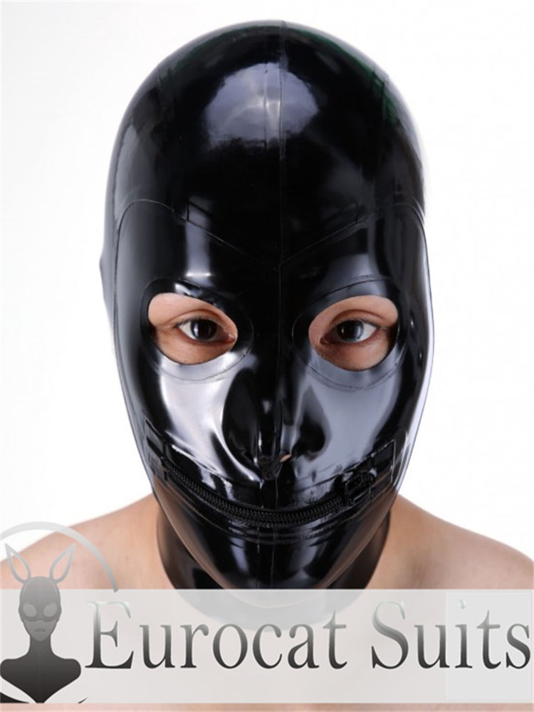 eurocat Male Latex Hood Rubber Fetish Wear Cosplay catsuits MASK EYES OPEN & MOUTH ZIP MAJ