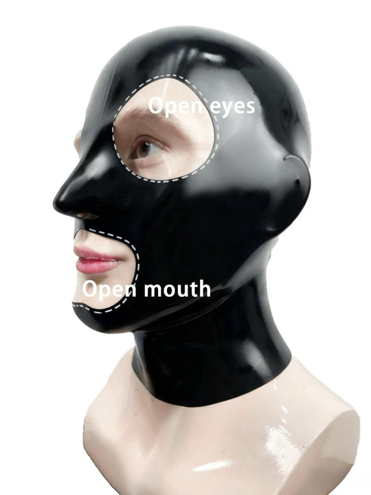 Latex Mask black rubber open mouth eyes Hood
