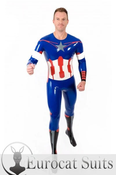 Männlicher „American Hero“ Latex-Cosplay-Catsuit mit Halseinstieg und Füßen