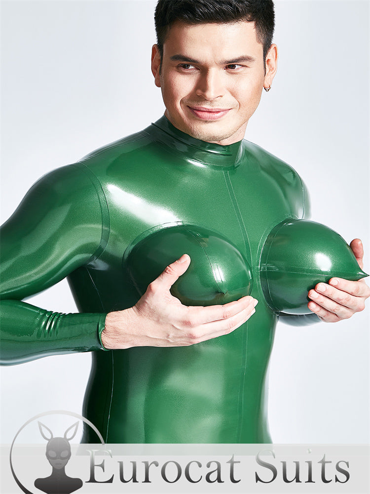 Latex Sexy Male Inflated Boobs Catsuit main color is Metallic Green