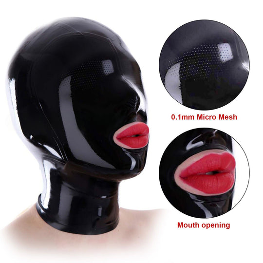 Latex Hood Mouth Open Rubber Mask Fetish BDSM Clubwear 0.1mm Micro Perforated