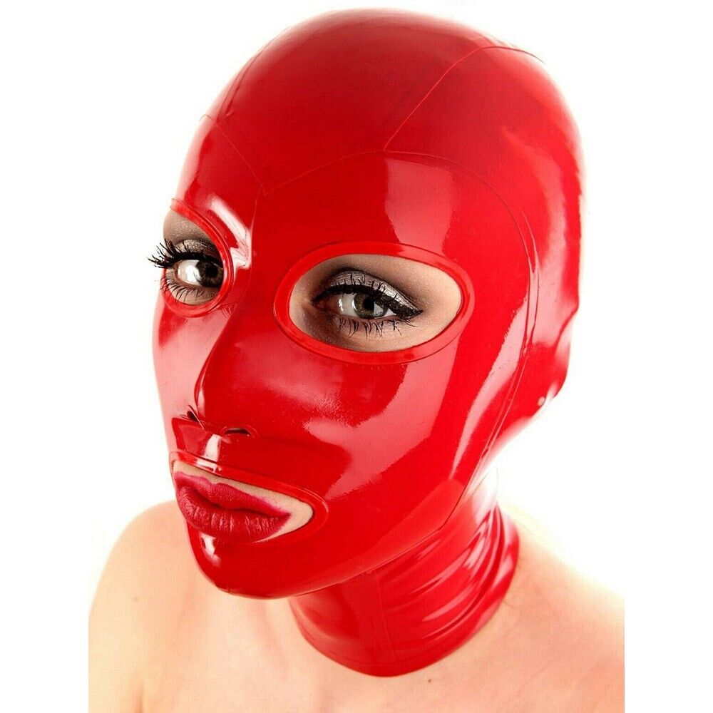 Red Latex Hood with Back Zipper Rubber Mask Clubwear Costume Fetish BDSM