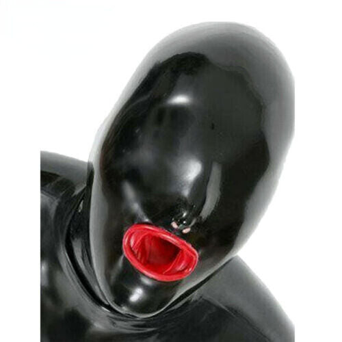 Latex Hood with Inner Red Mouth Condom Open Nose Back Zipper Rubber Mask