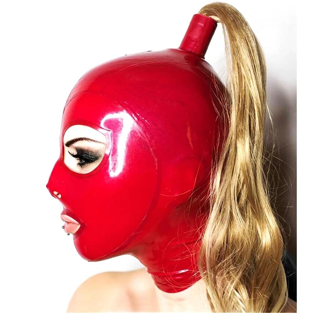 Unisex Head Cover Wig Latex Mask Nostrils Gift Hood Red Zipper Open Eyes Mouth