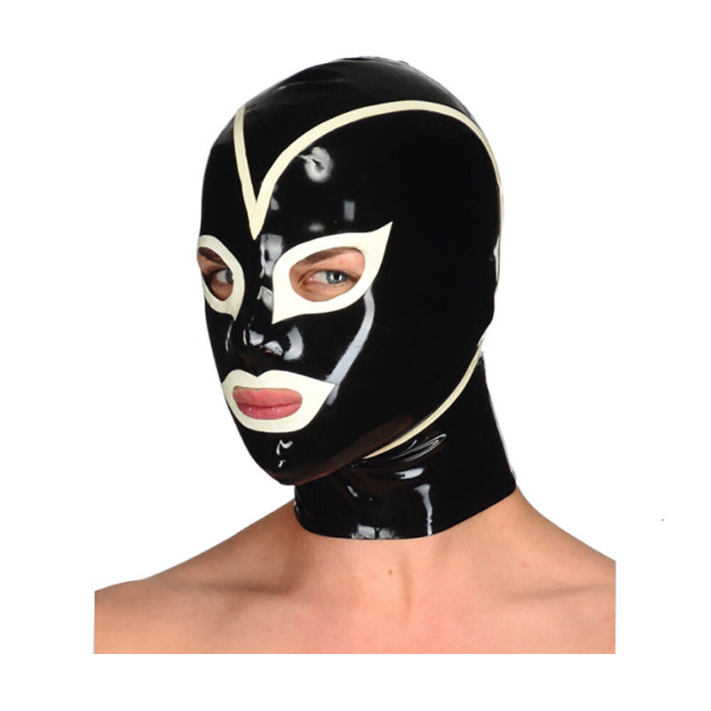 Latex Hood Mask Open Eyes and Mouth Withe Trim with Zipper for Catsuit Cosplay