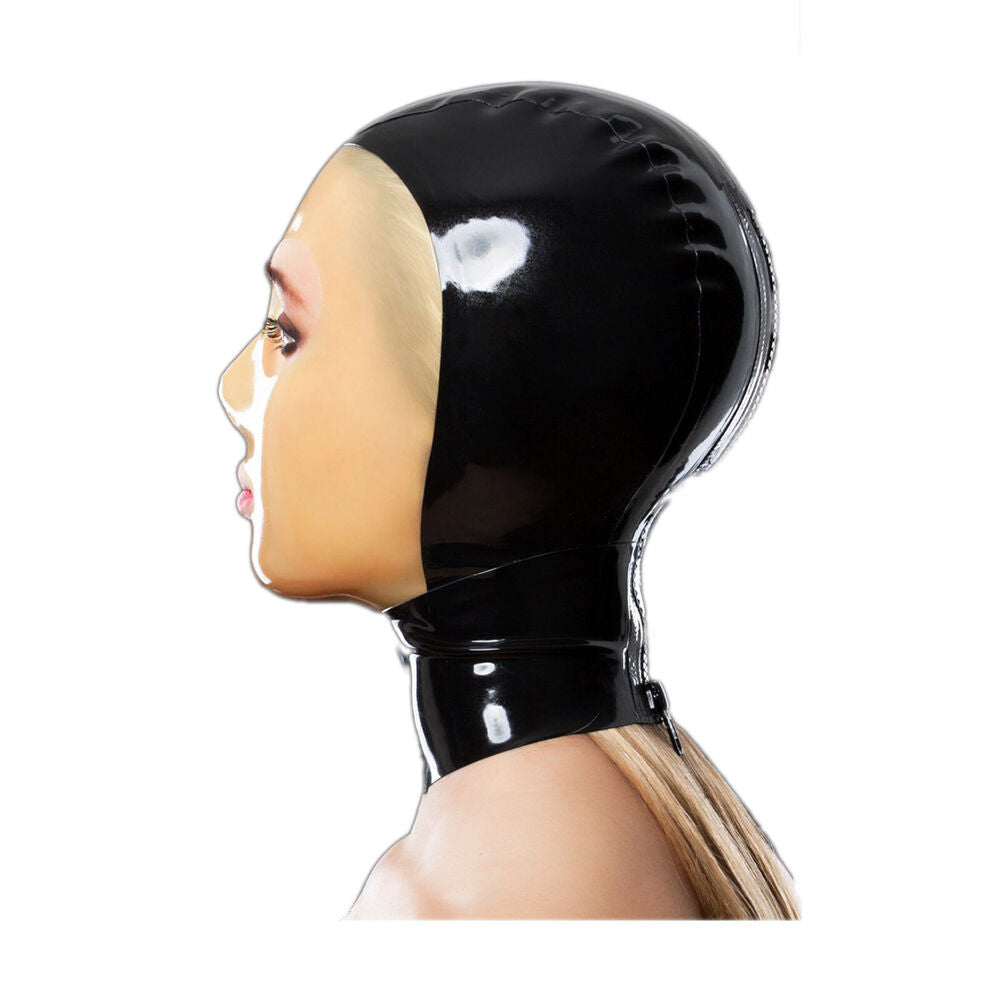 Latex Mask Hood with Translucent Face and Holes for Mouth and Eyes Rear Zipper