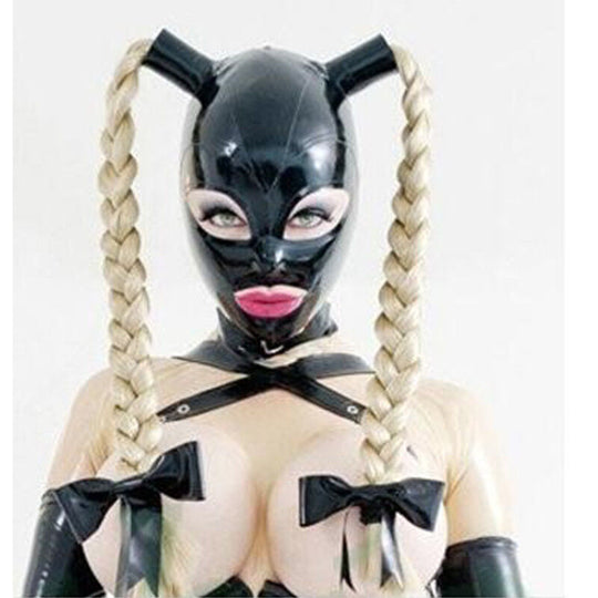 Latex Hood with Double Blond Ponytail Wigs Beautiful Girl Headgear Rubber Mask