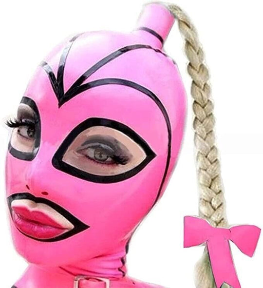 Latex Hood Blond Ponytail Wig Hair Bow Rubber Mask Fetish BDSM Party Cosplay