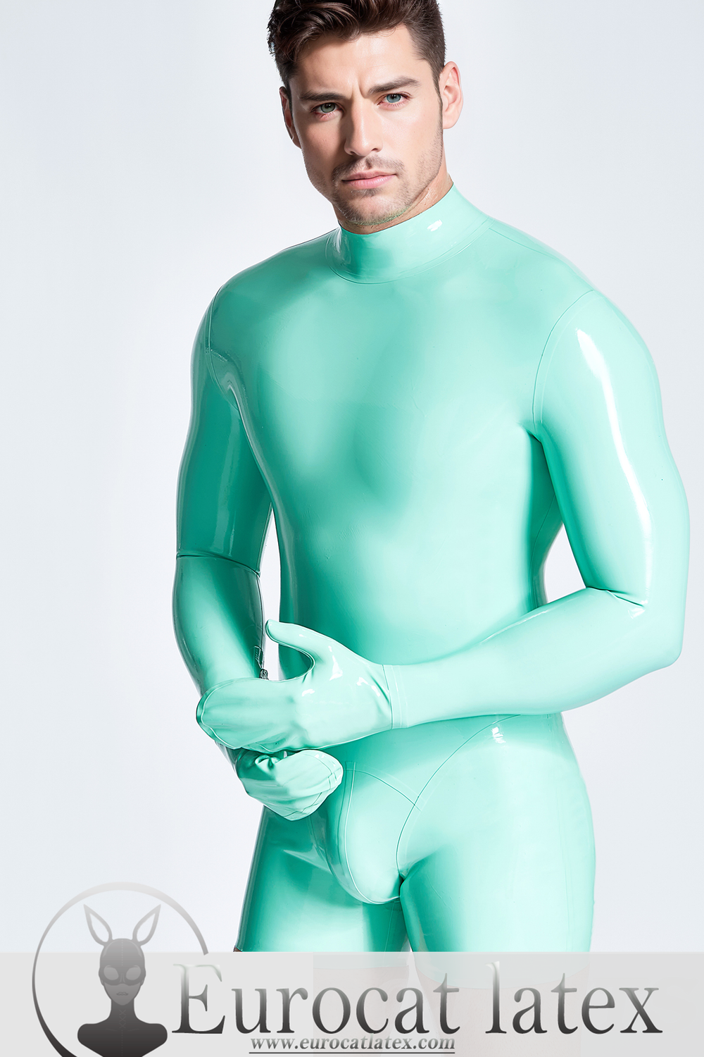 eurocat latex Male Mitten-Sleeved Neck Entry Short Catsuit