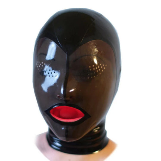 Latex hood with tongue and perforated eye holes